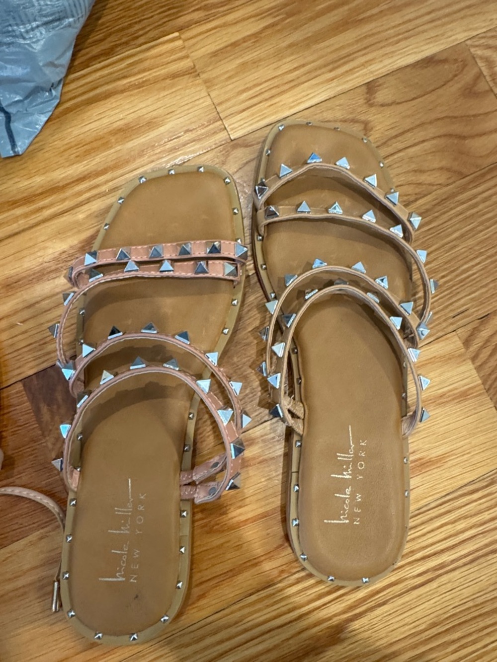 Nicole Miller Tan Studded Triple-Strap Slide Sandals